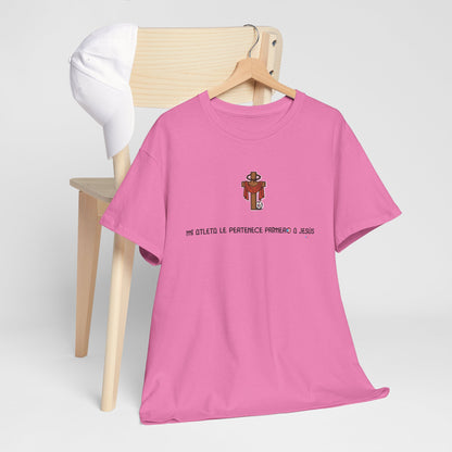 Mi Atleta Pertenece Primero a Jesús | Puerto Rico Faith Cross Soccer ball Unisex Heavy Cotton Tee