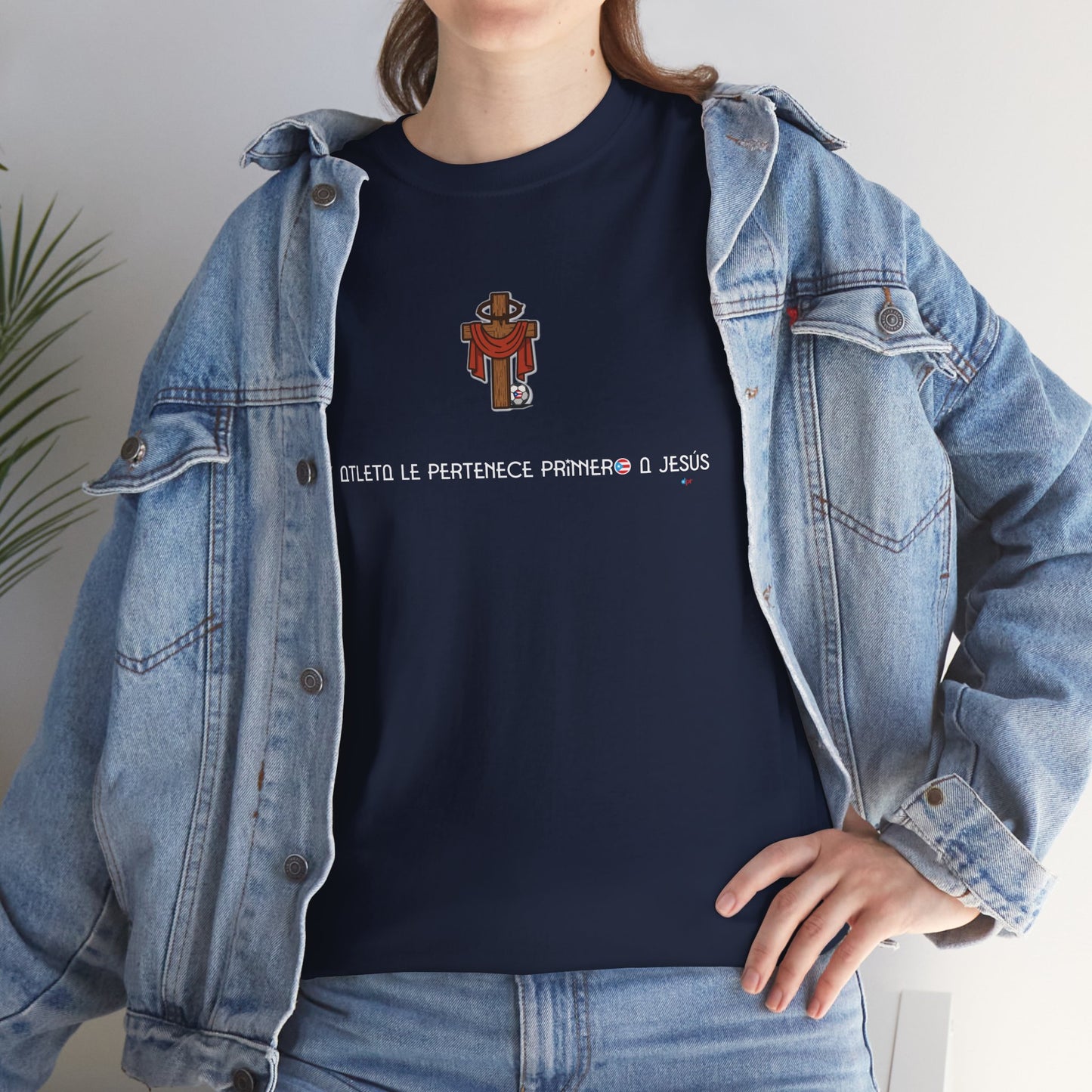 Mi Atleta Pertenece Primero a Jesús | Puerto Rico Faith Cross Soccer ball Unisex Heavy Cotton Tee