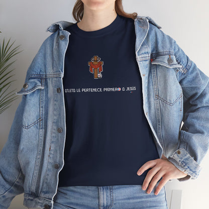 Mi Atleta Pertenece Primero a Jesús | Puerto Rico Faith Cross Soccer ball Unisex Heavy Cotton Tee