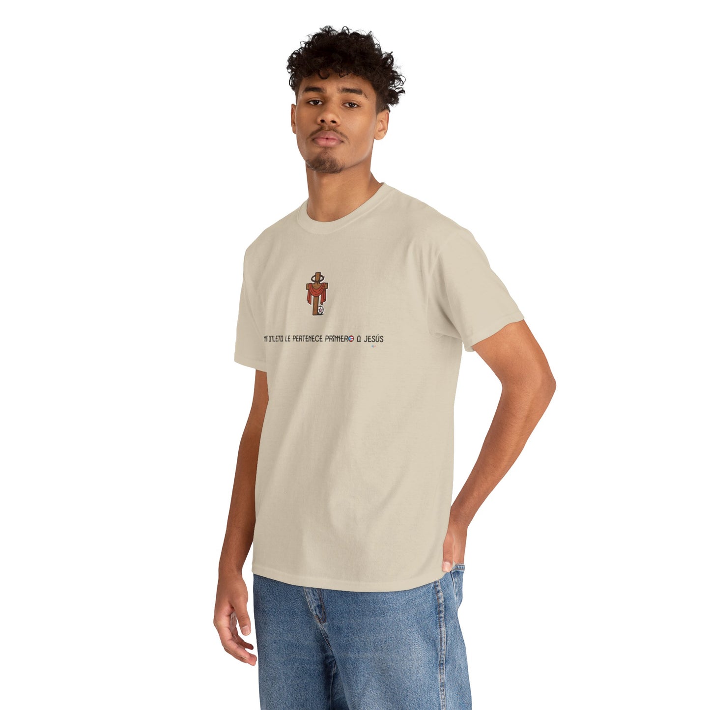 Mi Atleta Pertenece Primero a Jesús | Puerto Rico Faith Cross Soccer ball Unisex Heavy Cotton Tee