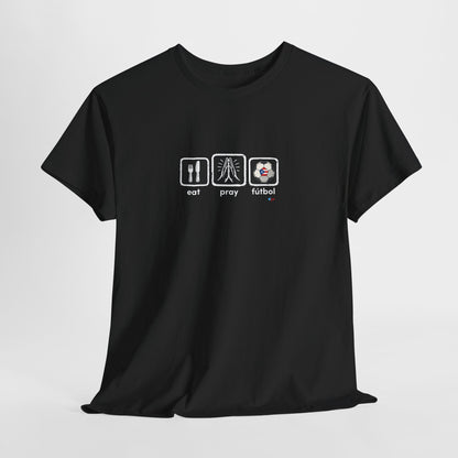 Eat Pray Fútbol Graphic Tee | Puerto Rican Flag Soccer Shirt | Unisex Heavy Cotton T-Shirt