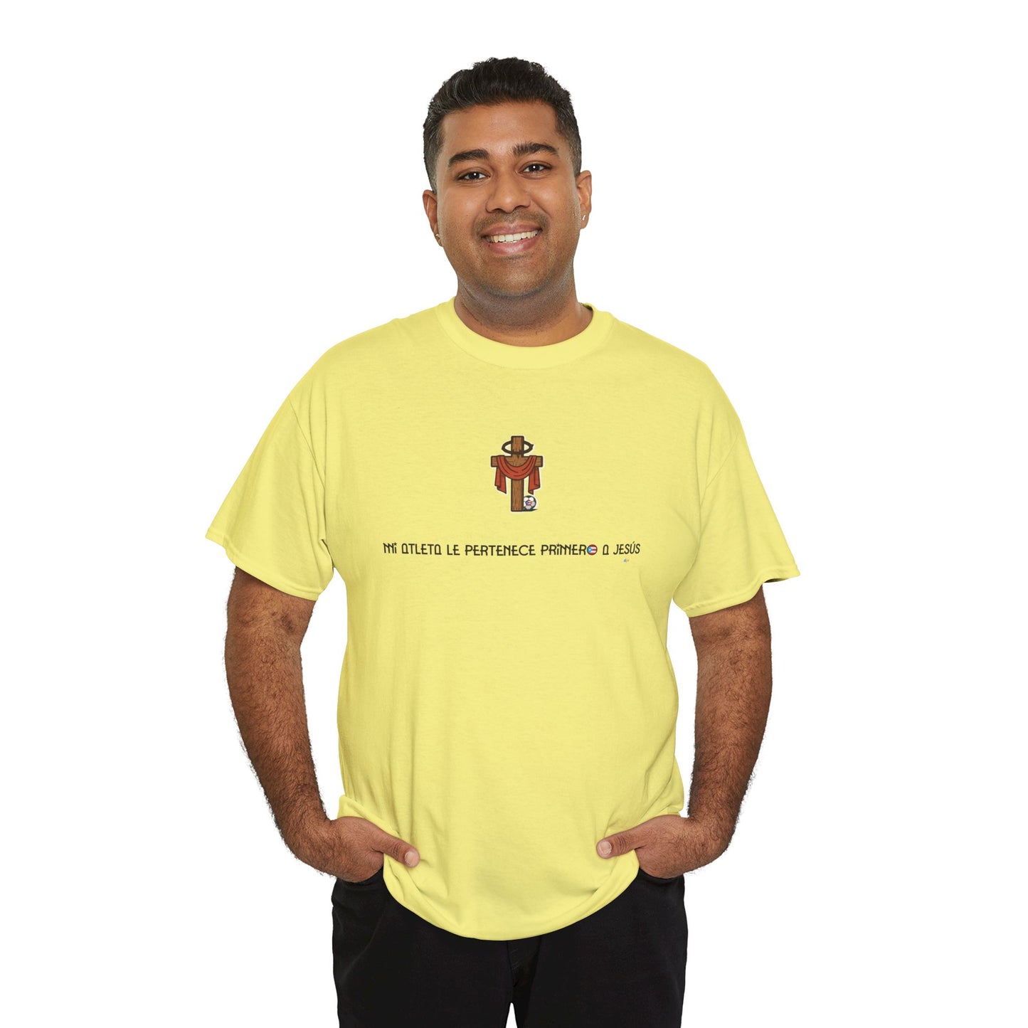 Mi Atleta Pertenece Primero a Jesús | Puerto Rico Faith Cross Soccer ball Unisex Heavy Cotton Tee