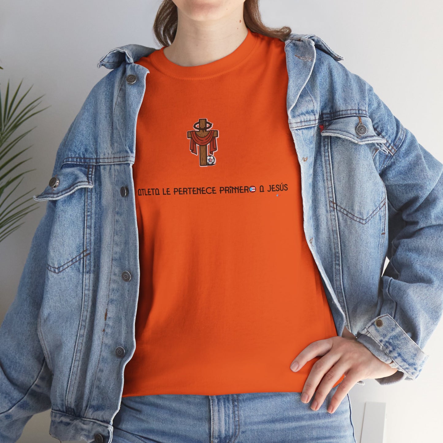 Mi Atleta Pertenece Primero a Jesús | Puerto Rico Faith Cross Soccer ball Unisex Heavy Cotton Tee