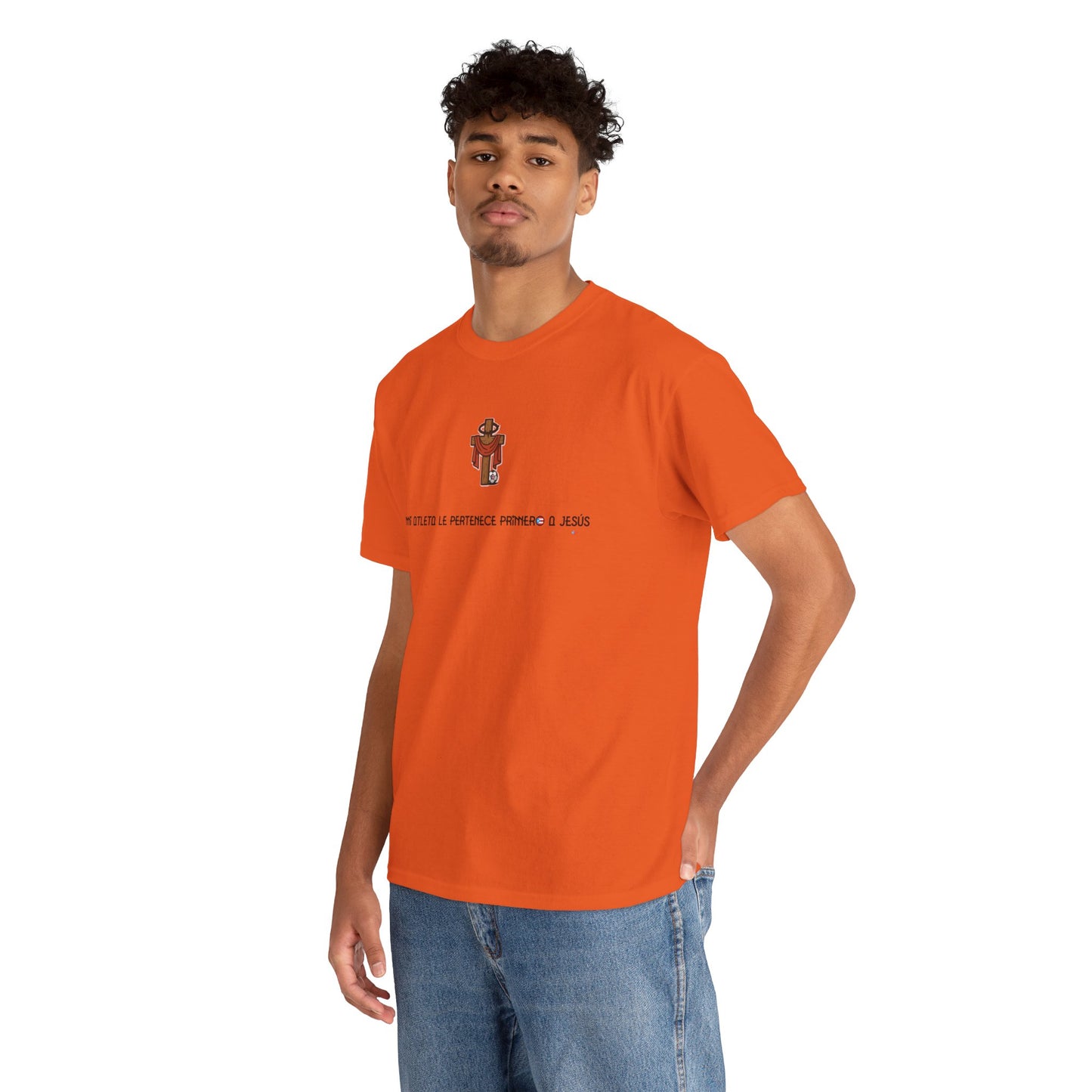 Mi Atleta Pertenece Primero a Jesús | Puerto Rico Faith Cross Soccer ball Unisex Heavy Cotton Tee