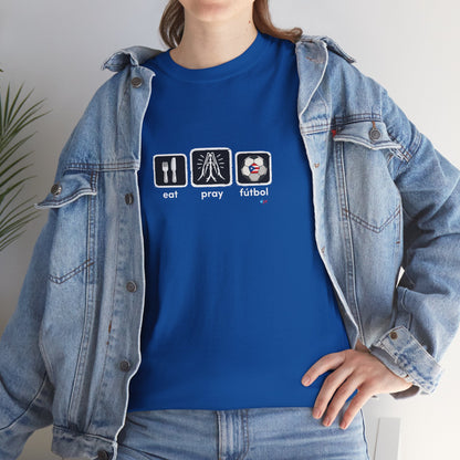Eat Pray Fútbol Graphic Tee | Puerto Rican Flag Soccer Shirt | Unisex Heavy Cotton T-Shirt