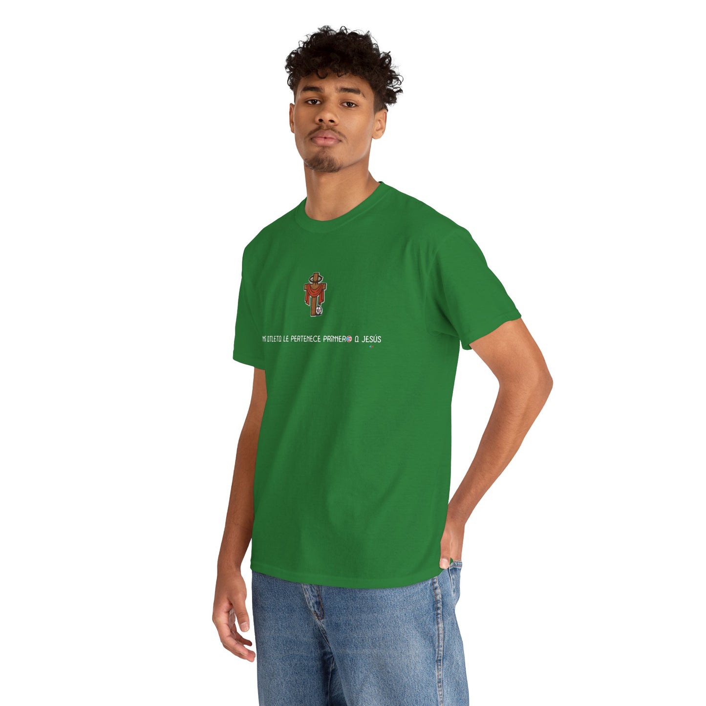 Mi Atleta Pertenece Primero a Jesús | Puerto Rico Faith Cross Soccer ball Unisex Heavy Cotton Tee