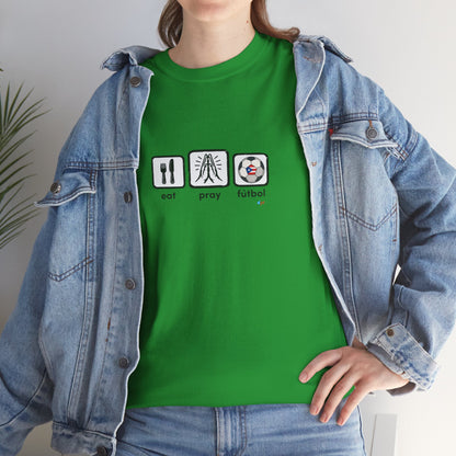 Eat Pray Fútbol Graphic Tee | Puerto Rican Flag Soccer Shirt | Unisex Heavy Cotton T-Shirt