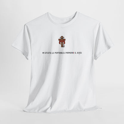 Mi Atleta Pertenece Primero a Jesús | Puerto Rico Faith Cross Soccer ball Unisex Heavy Cotton Tee