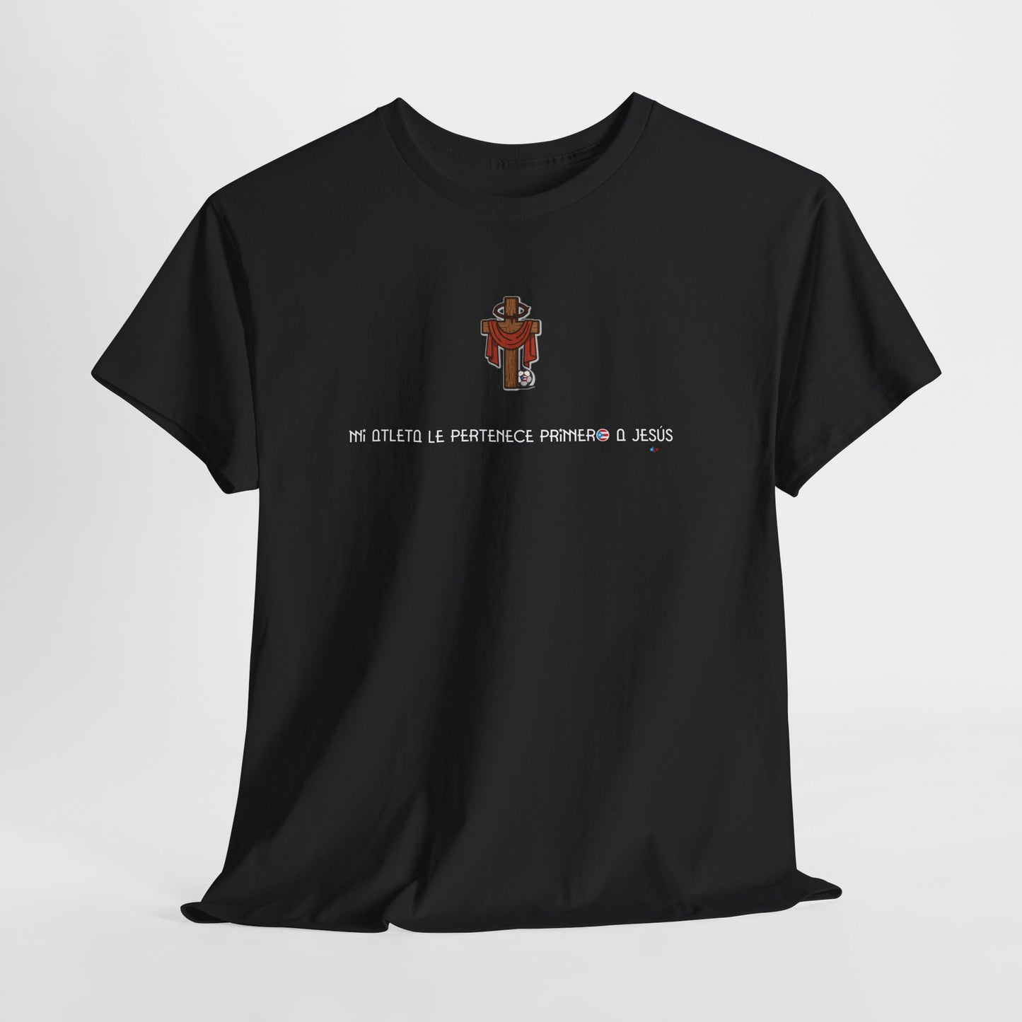 Mi Atleta Pertenece Primero a Jesús | Puerto Rico Faith Cross Soccer ball Unisex Heavy Cotton Tee
