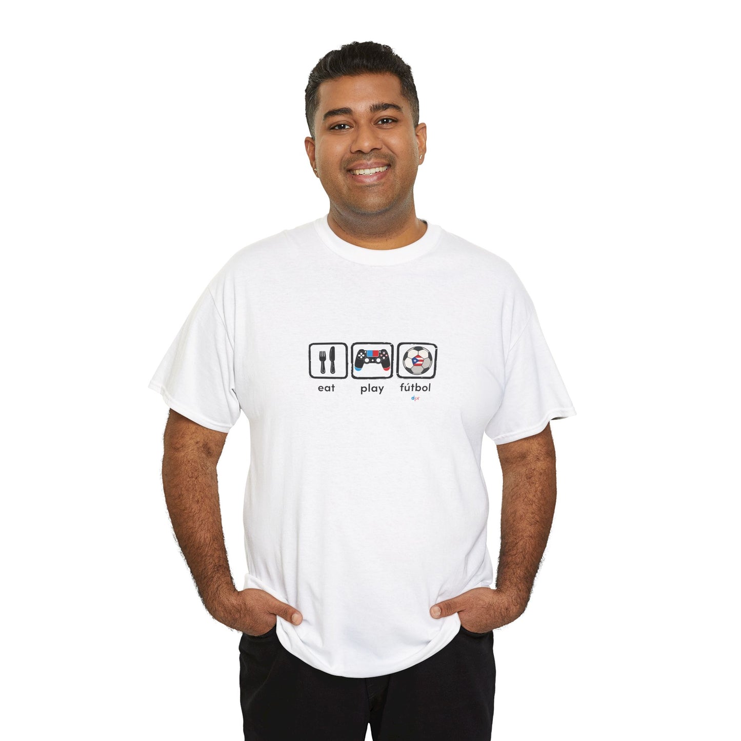 Eat Play Fútbol Graphic Tee | Puerto Rican Flag Soccer Shirt | Unisex Heavy Cotton T-Shirt