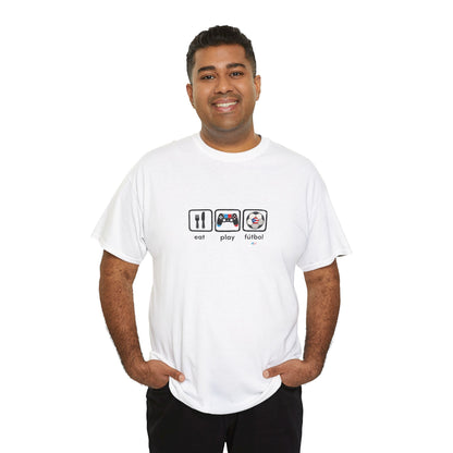 Eat Play Fútbol Graphic Tee | Puerto Rican Flag Soccer Shirt | Unisex Heavy Cotton T-Shirt
