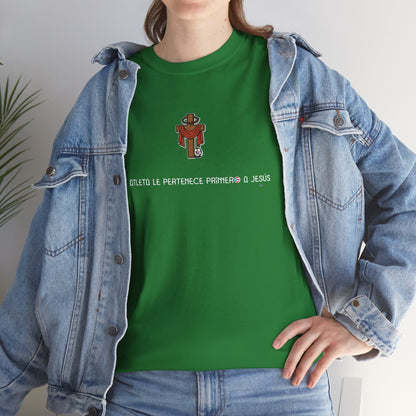 Mi Atleta Pertenece Primero a Jesús | Puerto Rico Faith Cross Soccer ball Unisex Heavy Cotton Tee