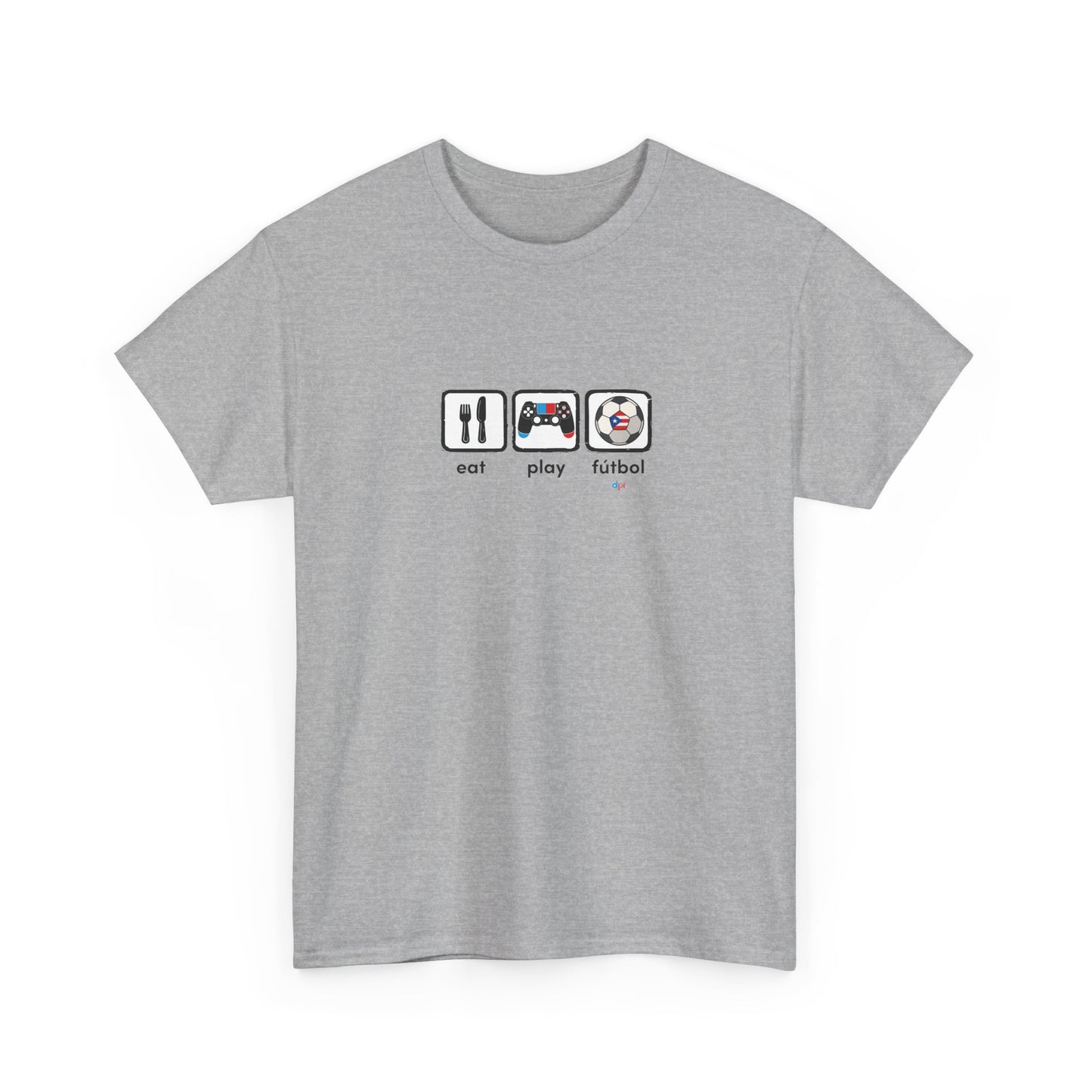 Eat Play Fútbol Graphic Tee | Puerto Rican Flag Soccer Shirt | Unisex Heavy Cotton T-Shirt