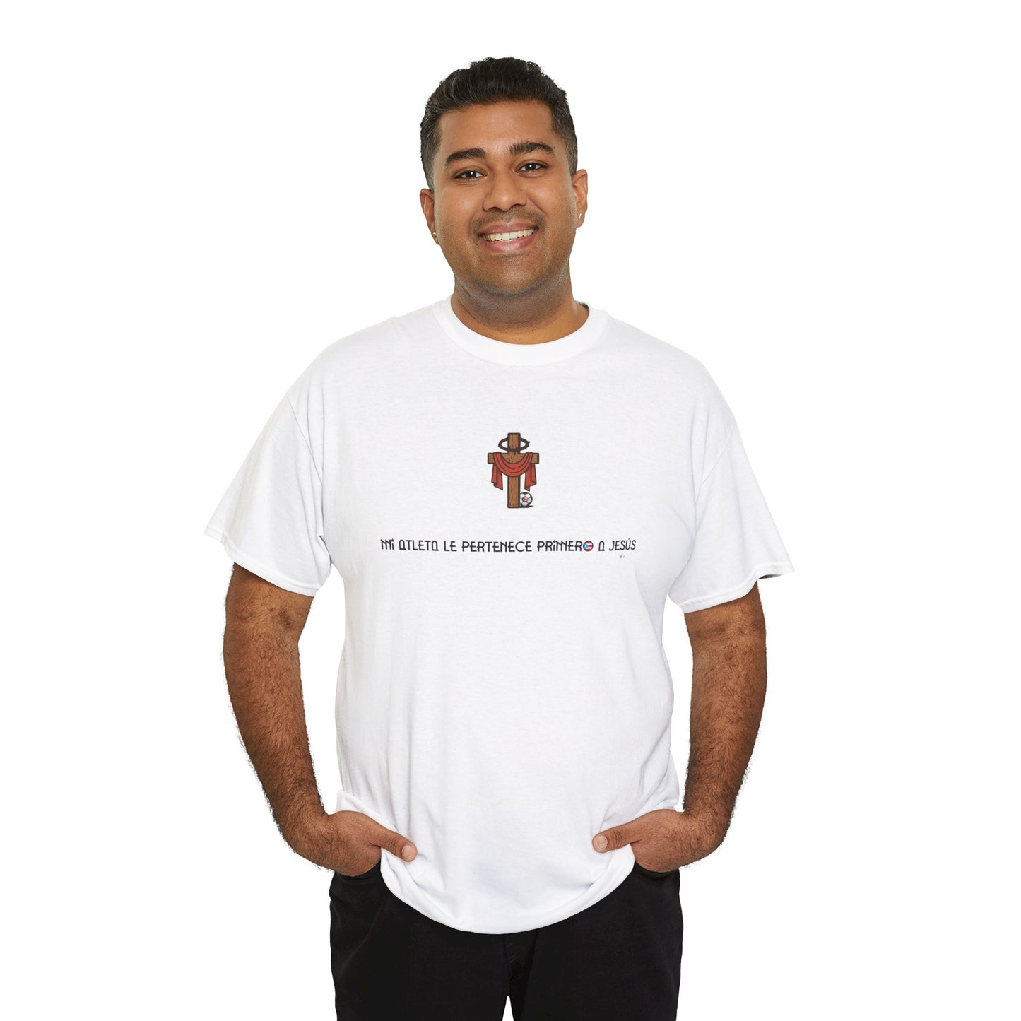 Mi Atleta Pertenece Primero a Jesús | Puerto Rico Faith Cross Soccer ball Unisex Heavy Cotton Tee