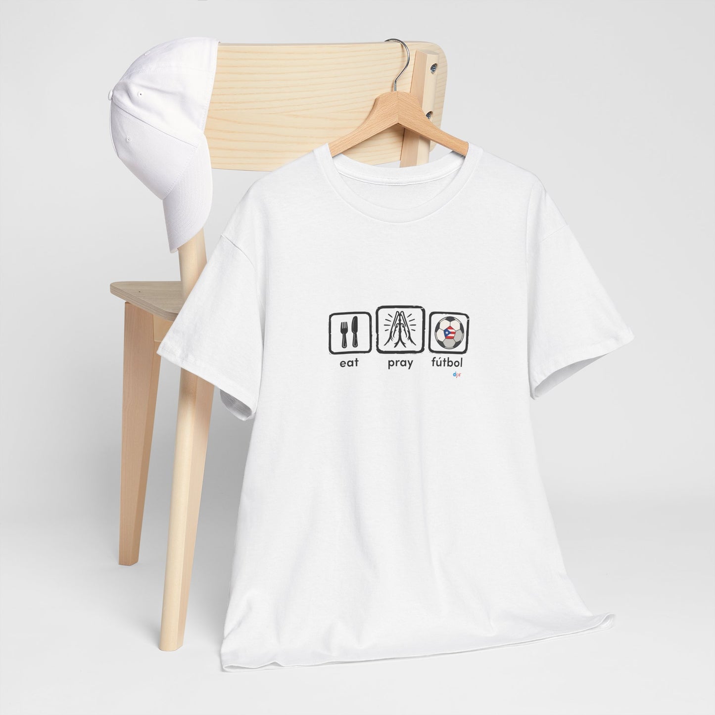 Eat Pray Fútbol Graphic Tee | Puerto Rican Flag Soccer Shirt | Unisex Heavy Cotton T-Shirt