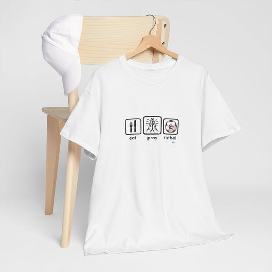 Eat Pray Fútbol Graphic Tee | Puerto Rican Flag Soccer Shirt | Unisex Heavy Cotton T-Shirt