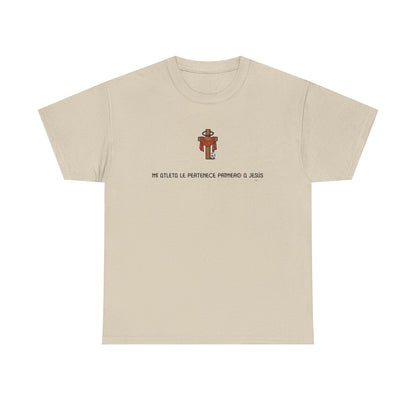 Mi Atleta Pertenece Primero a Jesús | Puerto Rico Faith Cross Soccer ball Unisex Heavy Cotton Tee