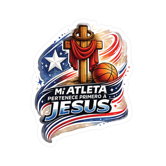 Mi Atleta Pertenece Primero a Jesús | Puerto Rico Faith Cross Basketball Waterproof Kiss-Cut Vinyl Decal