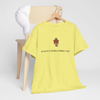 Mi Atleta Pertenece Primero a Jesús | Puerto Rico Faith Cross Soccer ball Unisex Heavy Cotton Tee