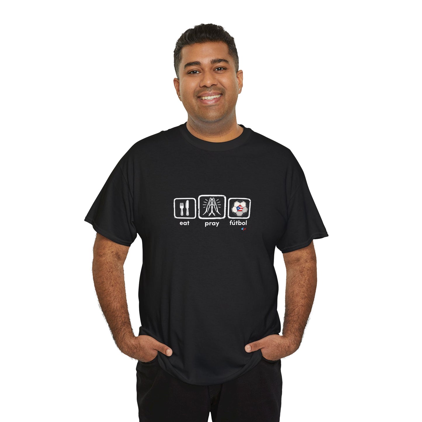 Eat Pray Fútbol Graphic Tee | Puerto Rican Flag Soccer Shirt | Unisex Heavy Cotton T-Shirt